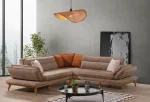 Safir koleksiyonu köşe koltuk takımı açık kahverengi dokuma kumaş ve krem berjer ceviz ayaklı modern salon dekorasyonu Ankara