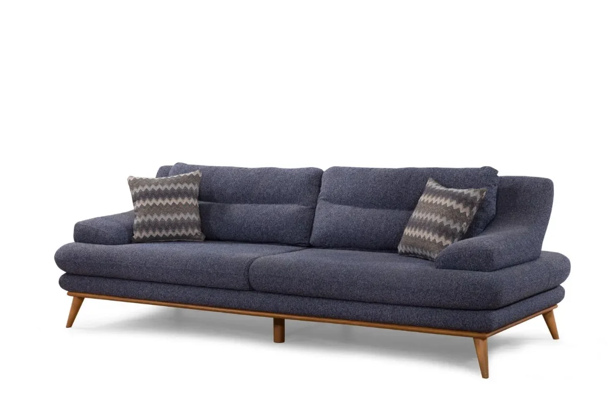 Ahşap ayaklı desenli kırlentli antrasit kumaş modern üçlü koltuk