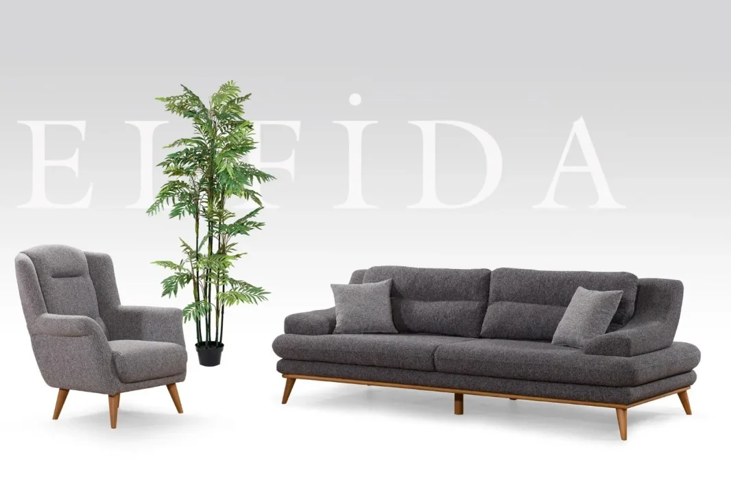 Ahşap ayaklı modern gri salon koltuk takımı (3’lü koltuk ve berjer)